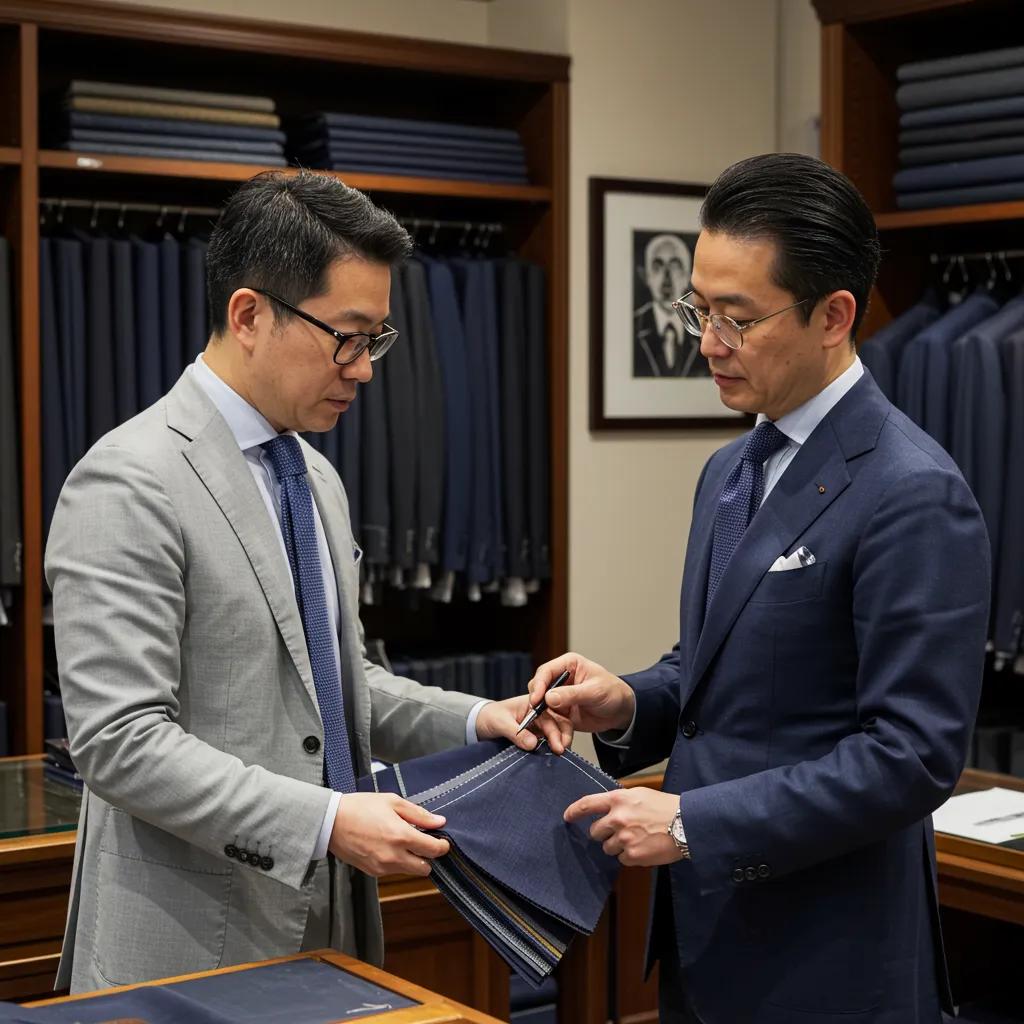 Close-up of fabric swatches and samples being handled by a tailor